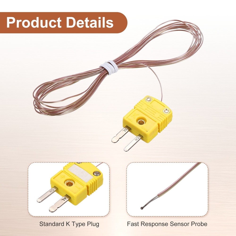 K Type Thermocouple Mini Connector Temperature Sensor 10ft, 0.8mm Wire