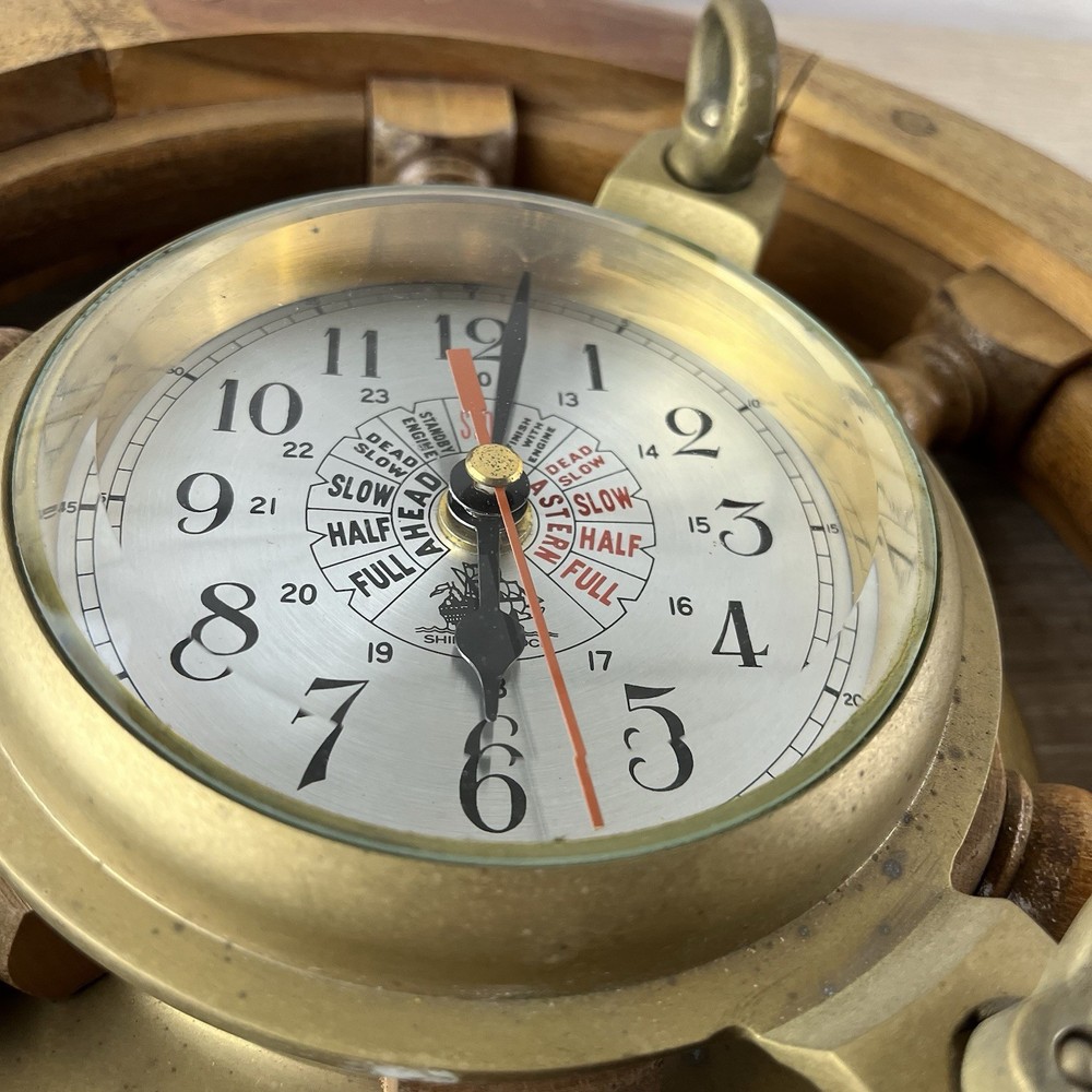 Ship Wheel Porthole Clock 18" Solid Wood & Brass Nautical Decor