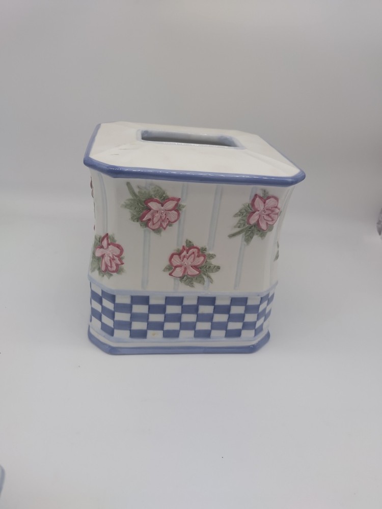 Vintage Pink Floral & Blue Checkered Pattern Tissue Box & Accessories