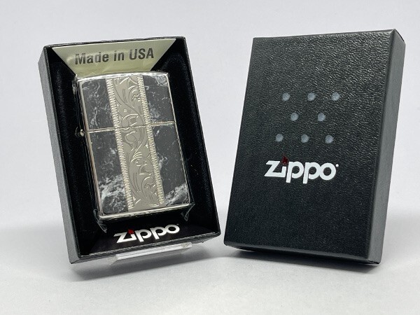 Zippo Lighter Marble Engrave Arabesque Silver Black Etching Regular Case Japan
