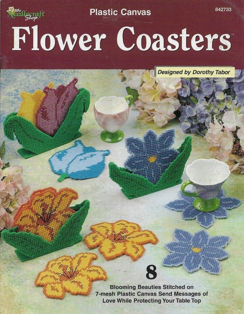 USED FLOWER COASTERS 8 DESIGNS HOME DECOR PLASTIC CANVAS PATTERN BOOK