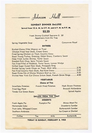 Johnson Hall Sunday Dinner Deluxe Menu 1952