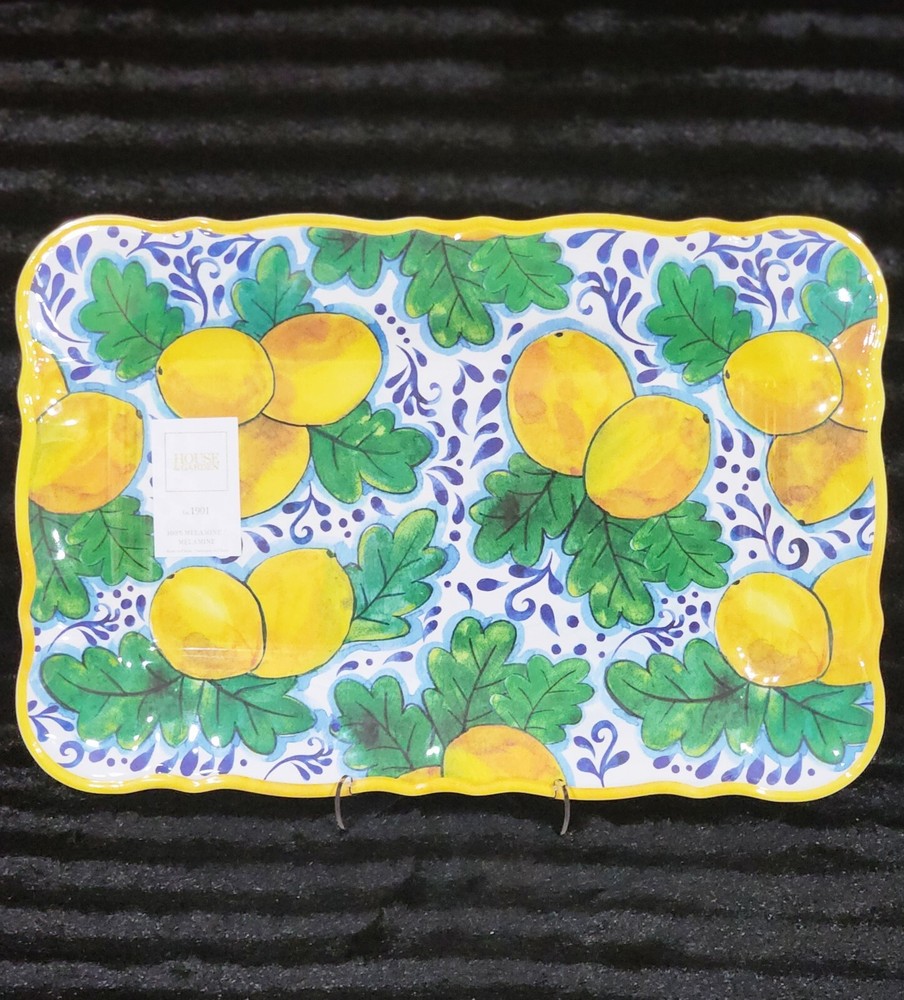 Lemons on Branches Melamine 17" Serving Platter Easter Spring Mediterranean Blue