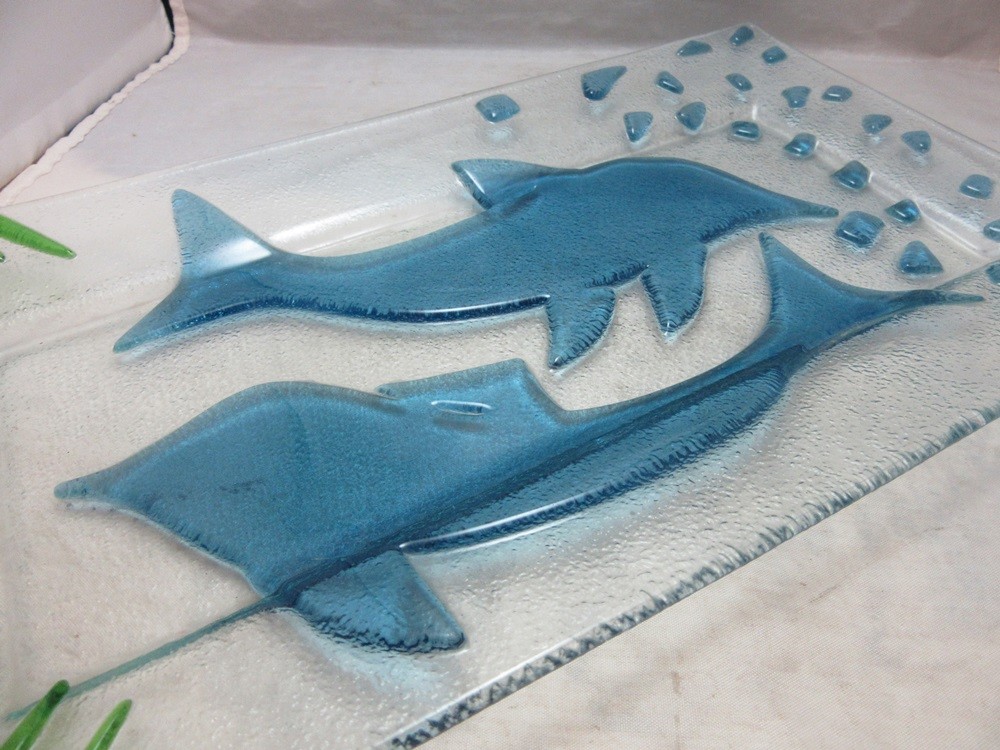 Fused art glass serving platter with Dolphins