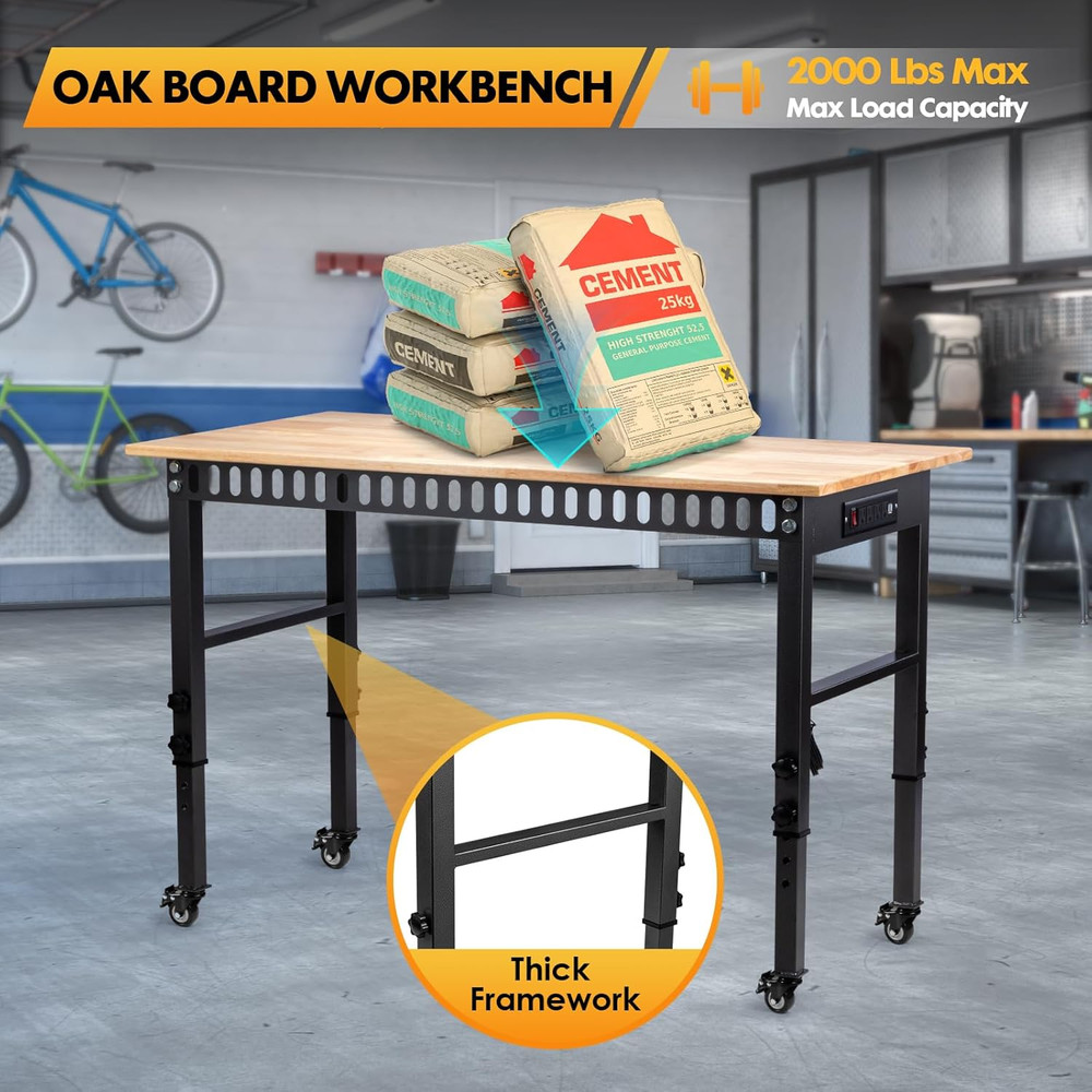 48" Height Adjustable Workbench, 2000 LBS Load Capacity Rubber Wood Top Workstat