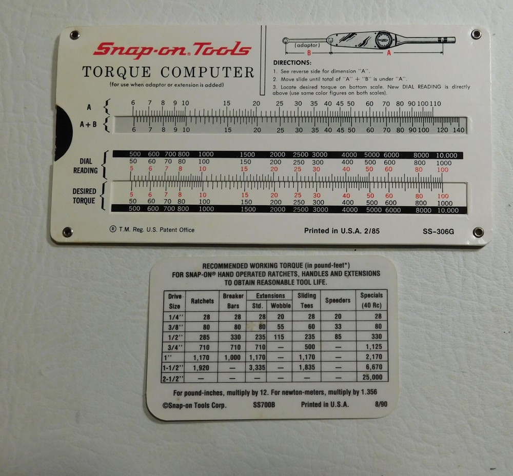 Snap On Tools Pocket Protector Torque Computer Drill Sizes Chart - Read