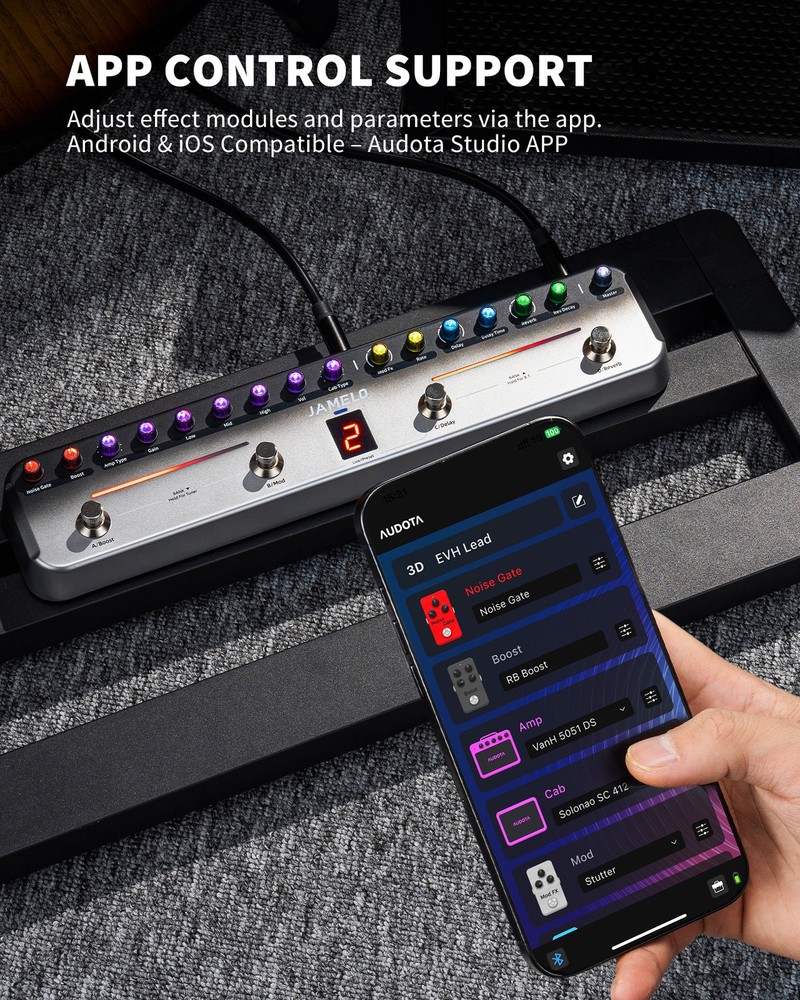 JAMELO Multi Effects Guitar Pedal Processor 8 Amp 8 IR Bluetooth fr Phone PC App