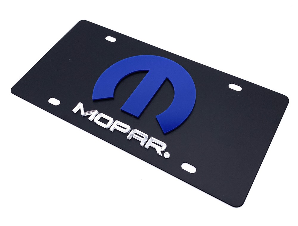 3D Premium Blue Mopar "M" Logo & Script Emblem Black License Plate - Licensed
