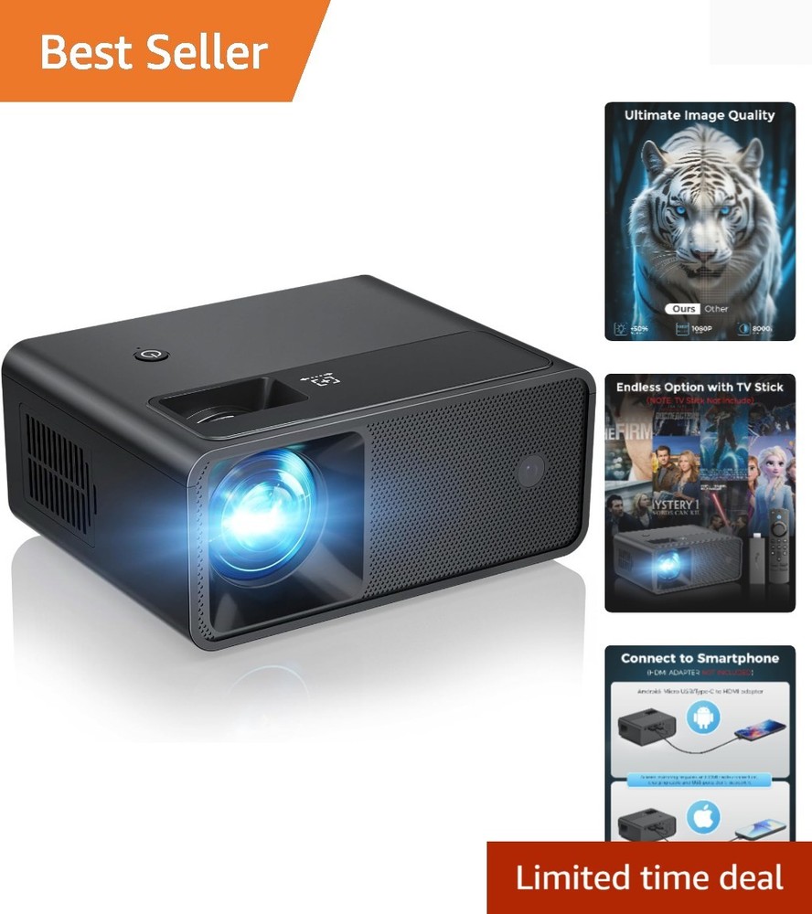 Versatile Mini Projector with 8000 Lumen Brightness & Multi-Device Compatibility