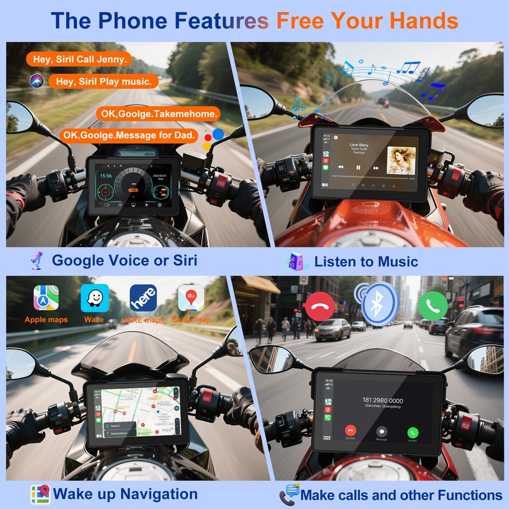 WEUASTE 7" Wireless GPS Motorcycle CarPlay with Android Auto (Includes 128G SD)