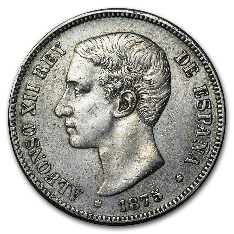 1871-1899 Spain 5 Pesetas Spanish 25 Gr 90% Silver Coin