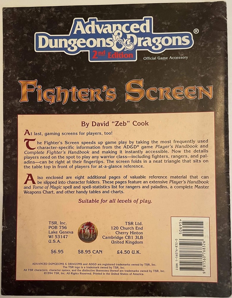 Fighter's Screen 9457 Advanced Dungeons & Dragons 2e