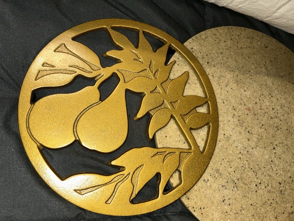 SDS Decorative Gold Cast Iron Trivet W/Intricate Pear Tree Patterned Design