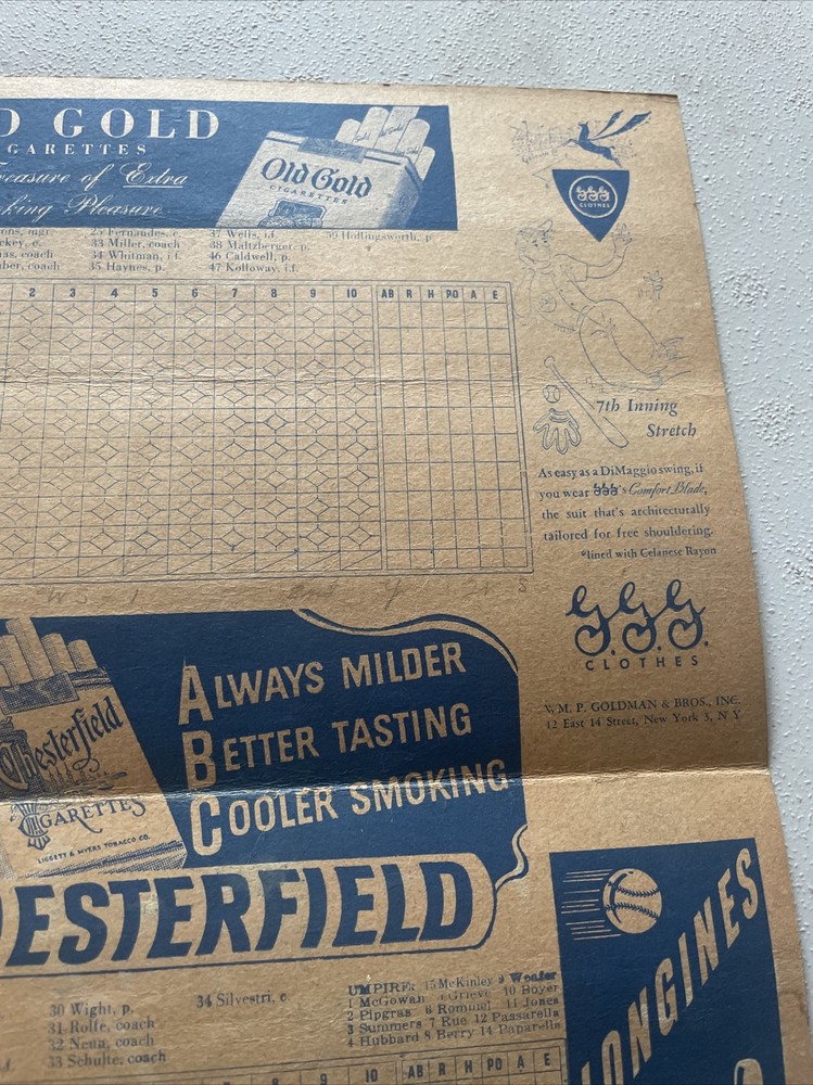 1946 NEW YORK YANKEES Program / Vs Chicago score card