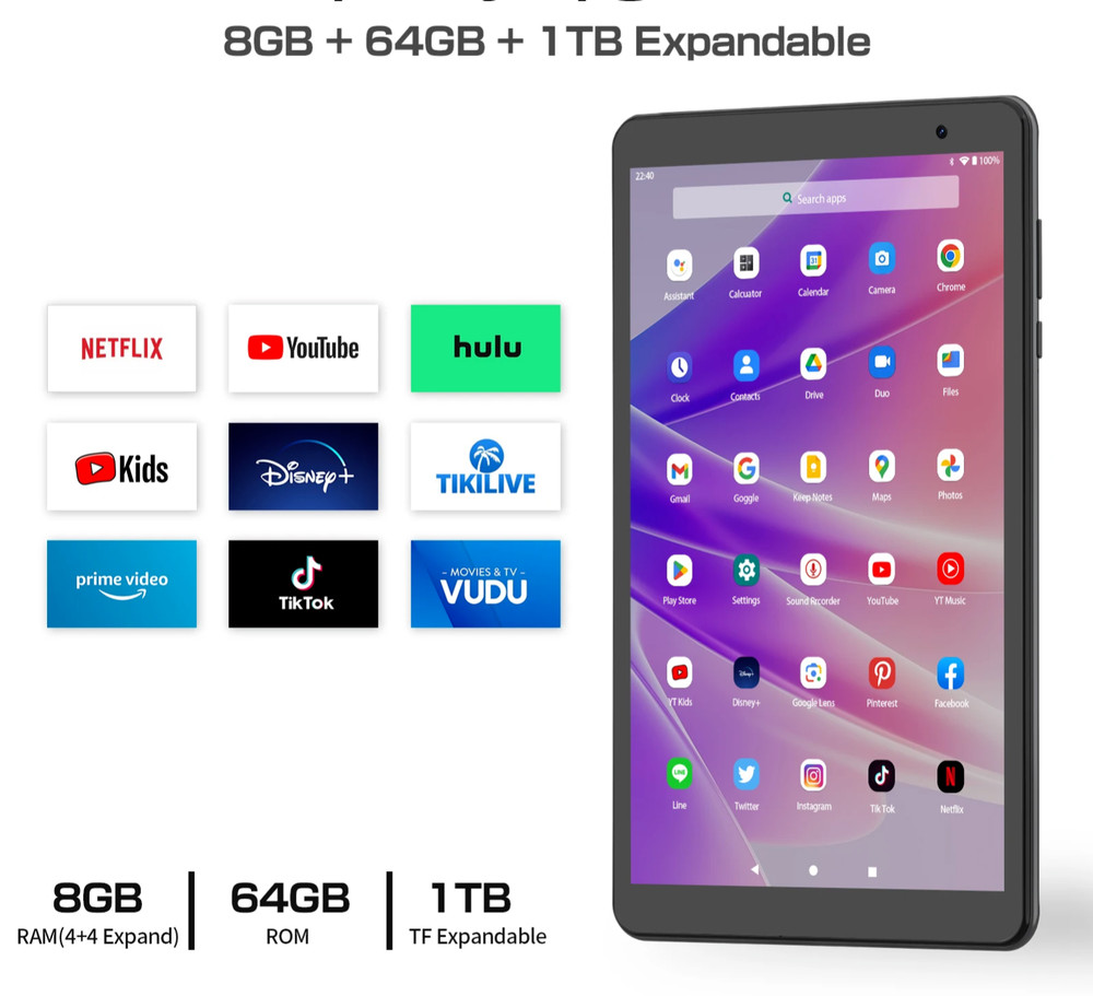 NEW 8-inch Android Tablets 8GB+64GB Dual Camera Bluetooth WIFI-Grey