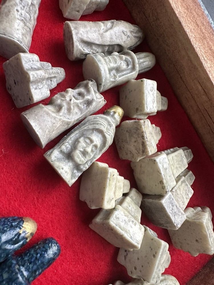 Vintage Mini Mayan Aztec Chess Set Complete Blue & White