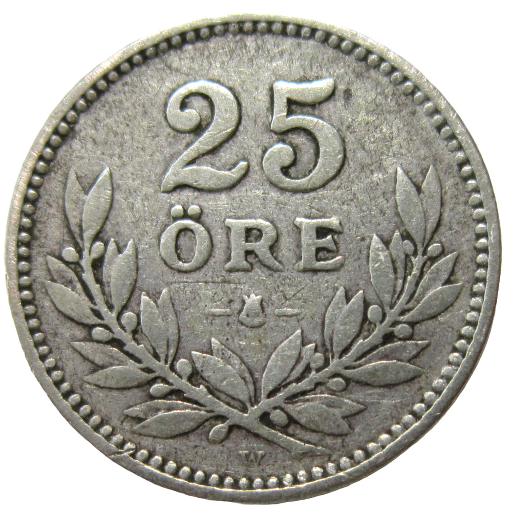 SWEDEN, SILVER 25 ORE, 1910. GUSTAF V.