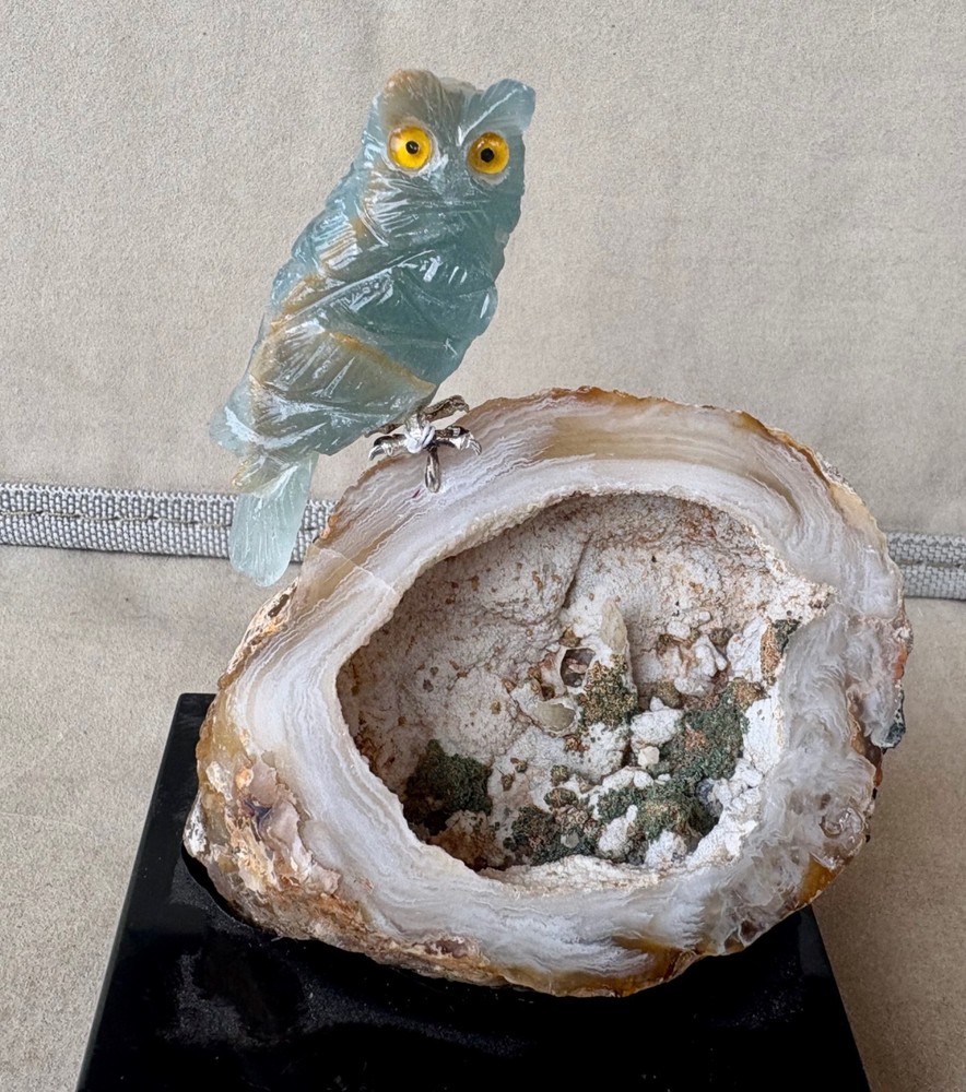 Blue Calcite Owl on Geode 4 1/4 " -Peter Muller