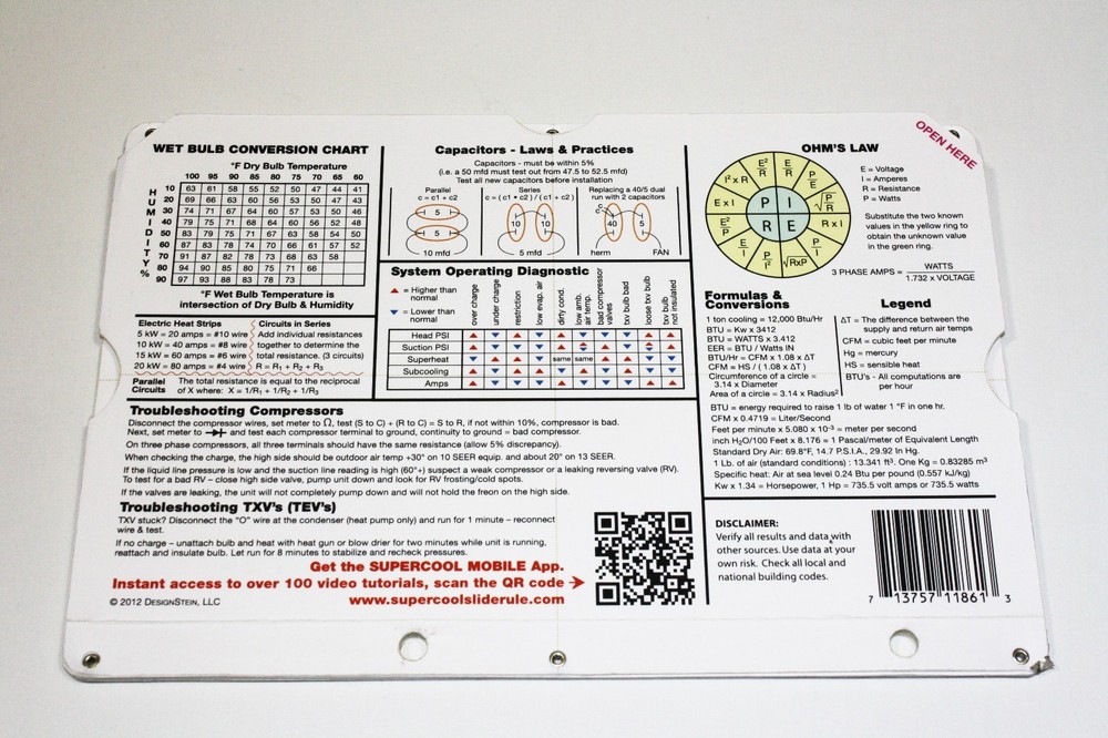 SuperCool Slide Rule Duct Sizing Chart Ductulator Calculator HVAC Charging Chart