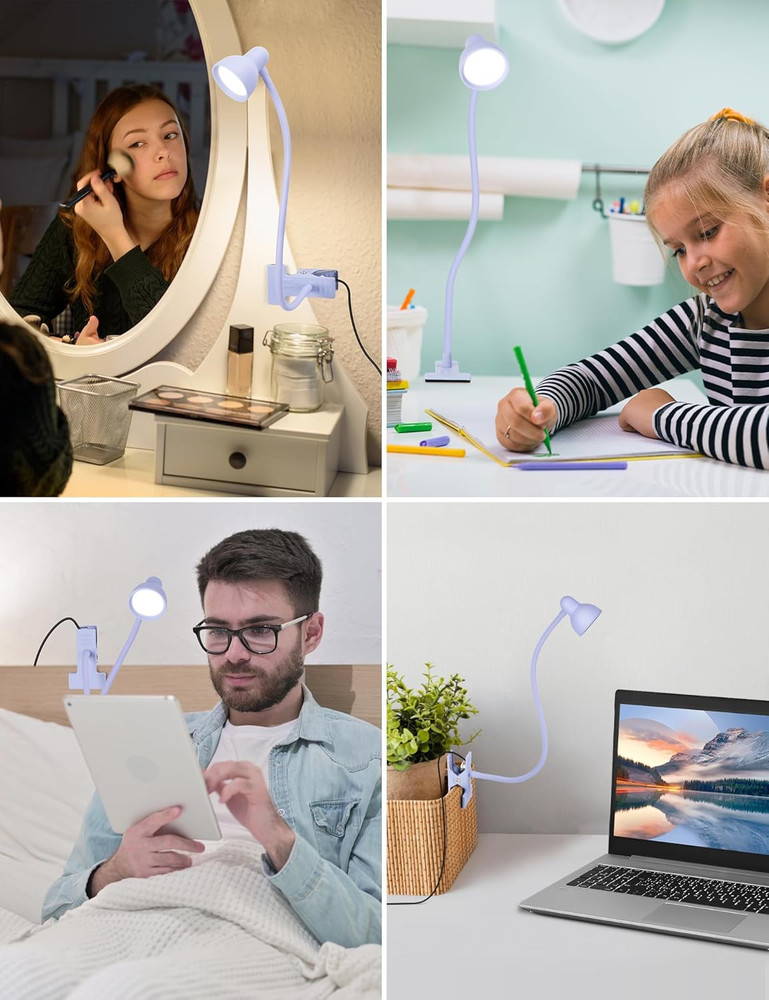 Clip on Lamp USB Reading Light, 3 Color Modes, 10 Brightness Dimmable, Flexible