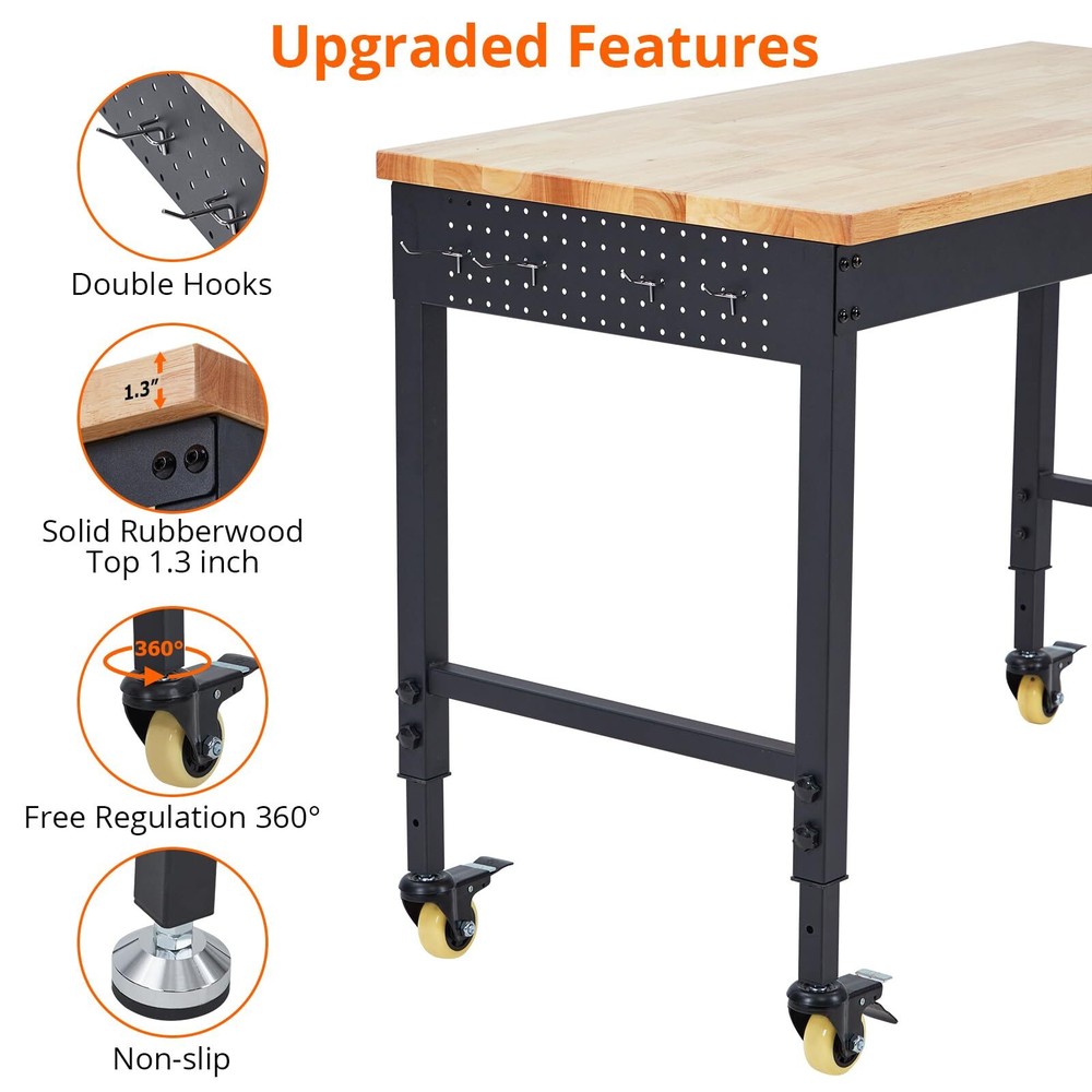 48" Adjustable Workbench Heavy Duty Workstation 2000 LBS Load Capacity Casters
