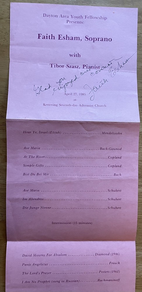 Soprano Faith Esham Autographed Program