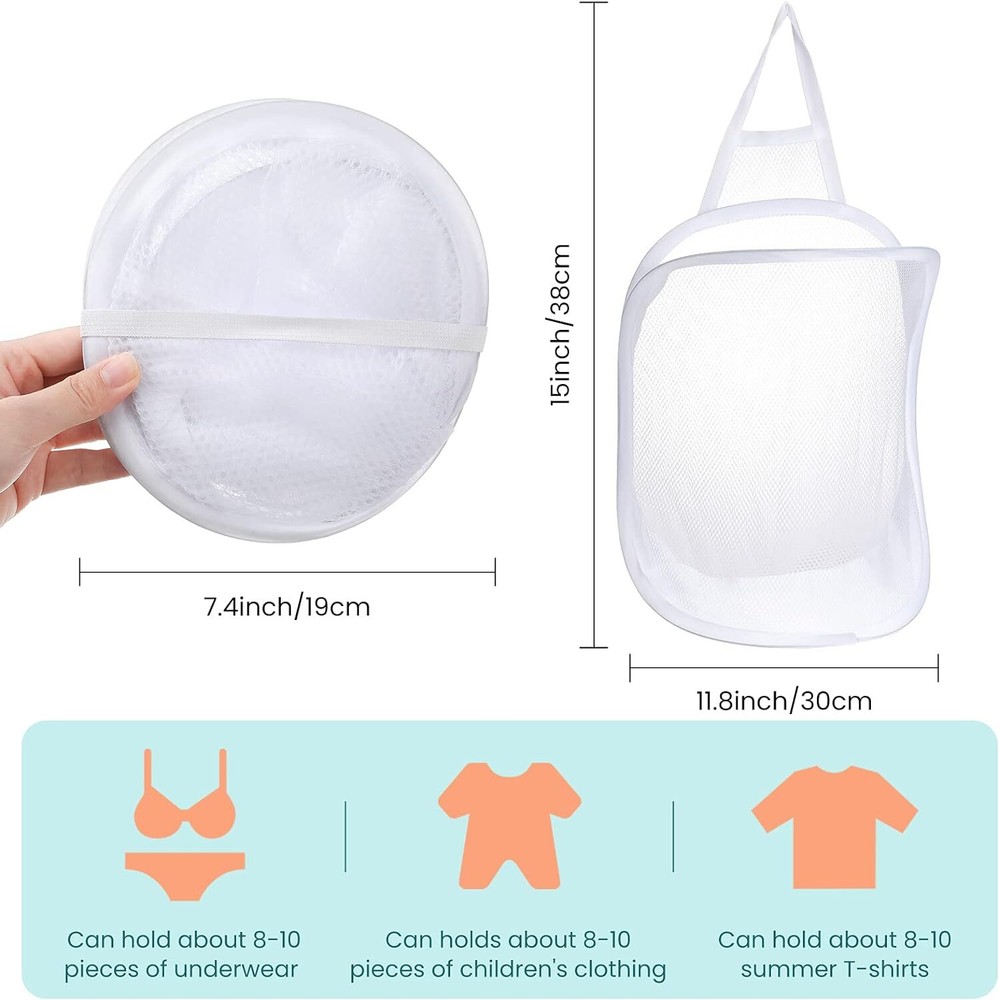 3 Pieces Hanging Laundry Hamper Bag to Hang Foldable Mesh White