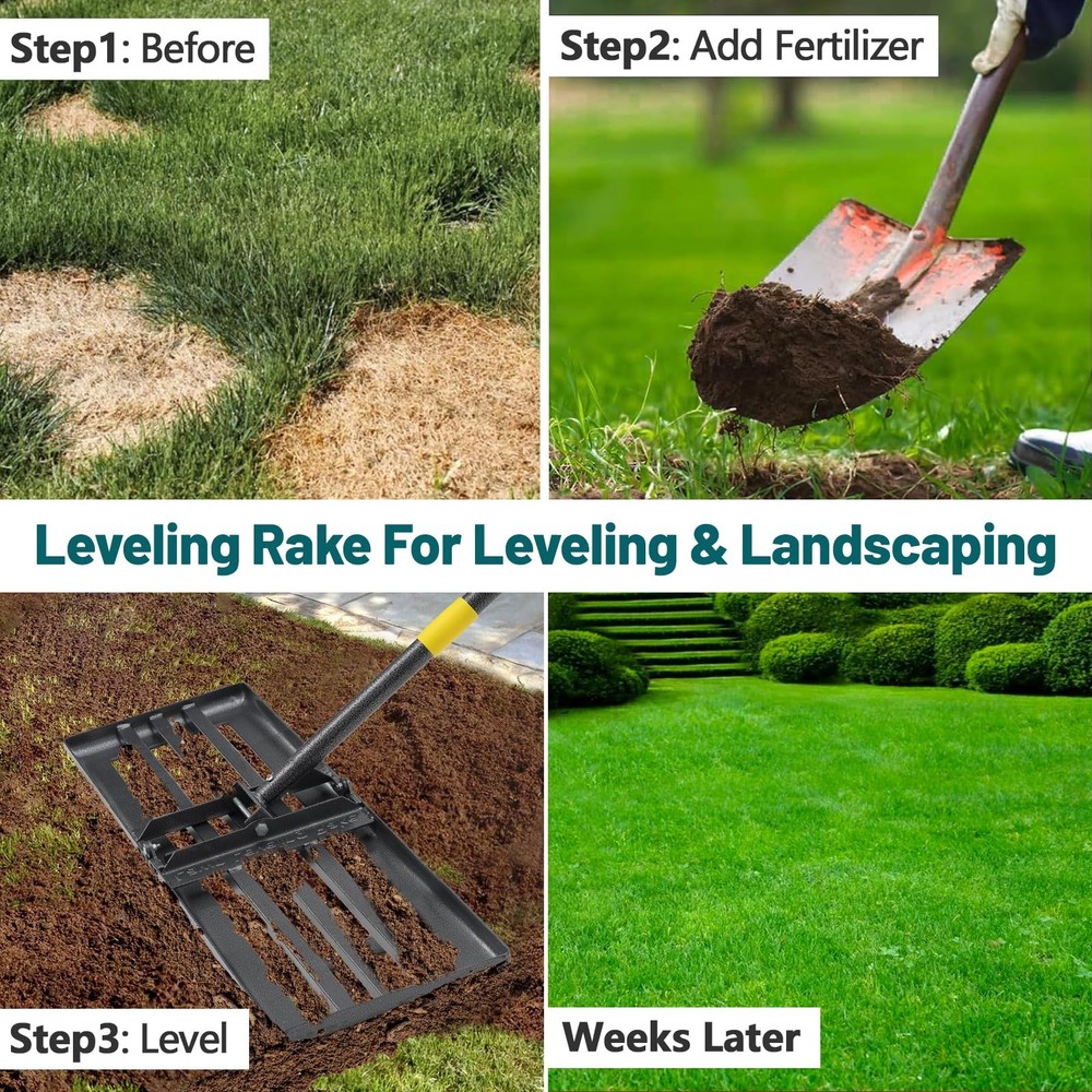 Lawn Leveling Rake, 26"x25" Peat Moss Spreader with 6FT Adjustable Handle Dir...