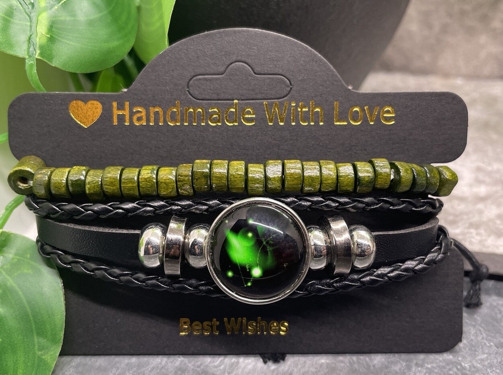2 PC Zodiac Wood Bead PU Leather Bracelet Stackable Adjustable Tie New B3363