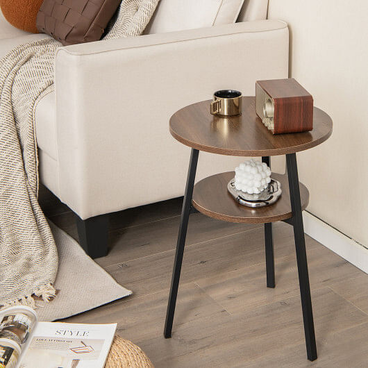 2-Tier Round End Table Set of 2 with Open Shelf and Triangular Metal Frame-Walnu