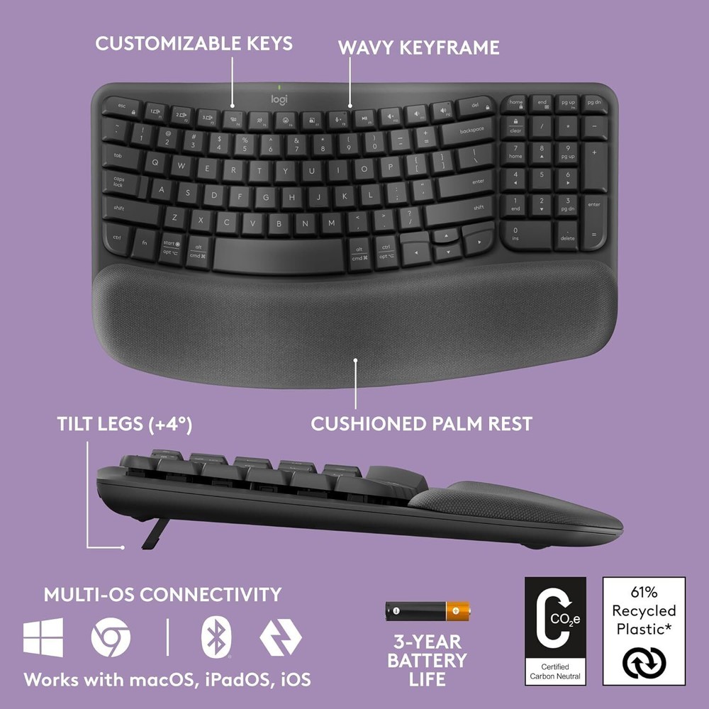 Logitech Wave Keys Wireless Ergonomic Keyboard with Cushioned Palm Rest Graphite