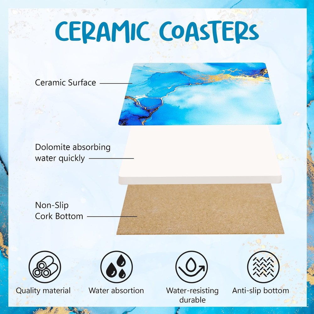 Blue Absorbent Ceramic Coasters for Drinks with Black Holder and Cork Base Se...