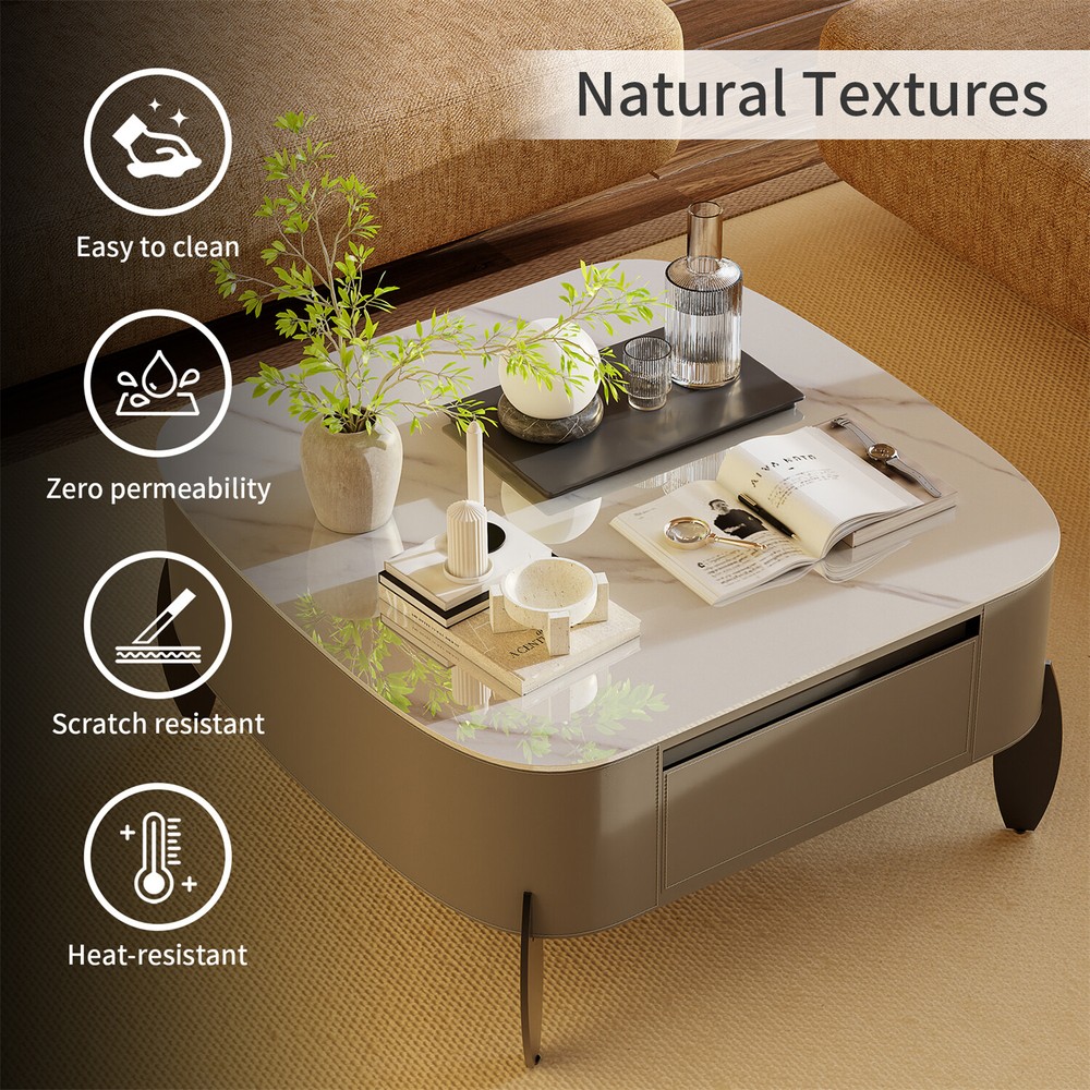 32'' Diameter Modern Coffee Table Luxury Stone Top Saddle Leather Center Table