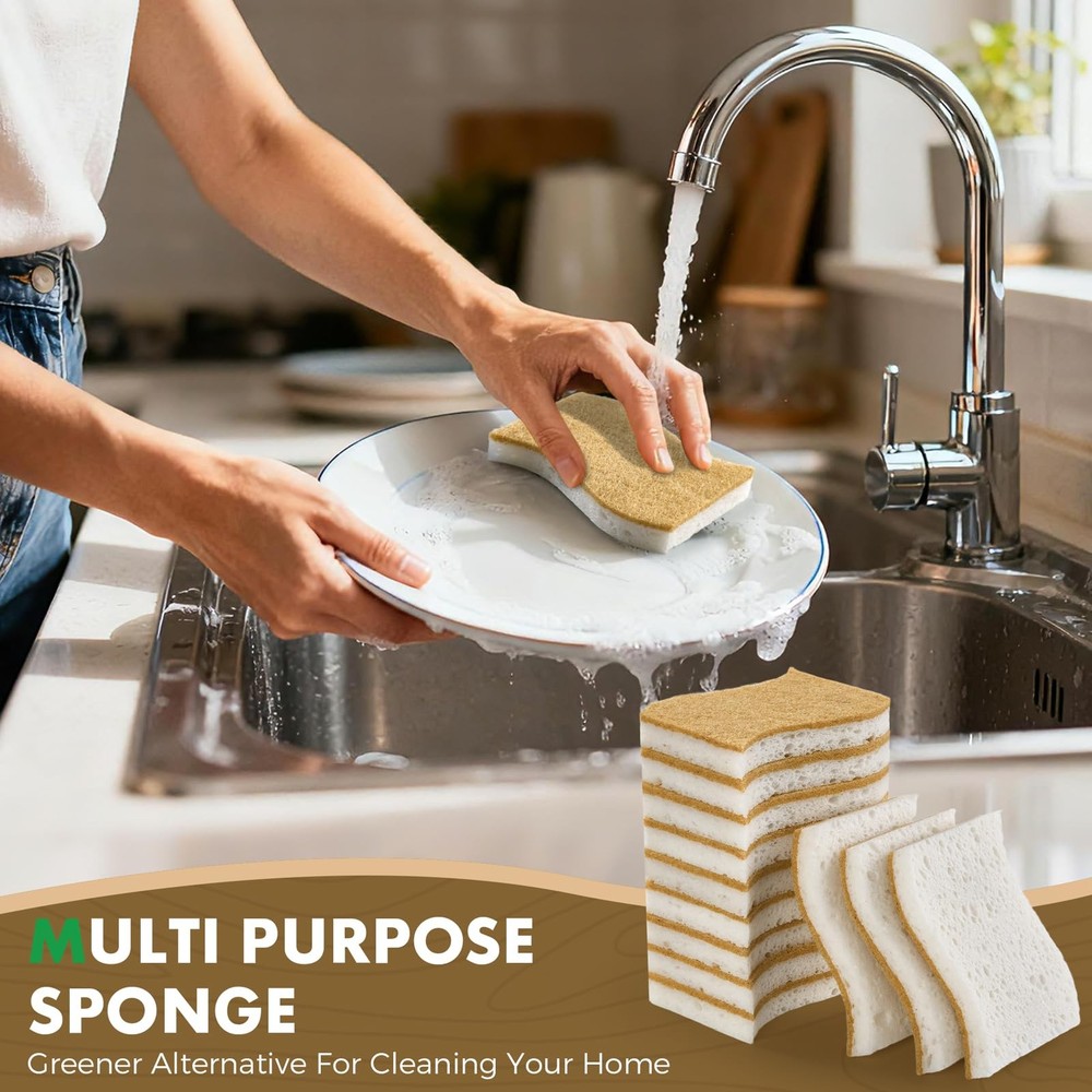 12 Pack Natural Biodegradable Kitchen Non Scratch Sponges,Compostable Plant B...