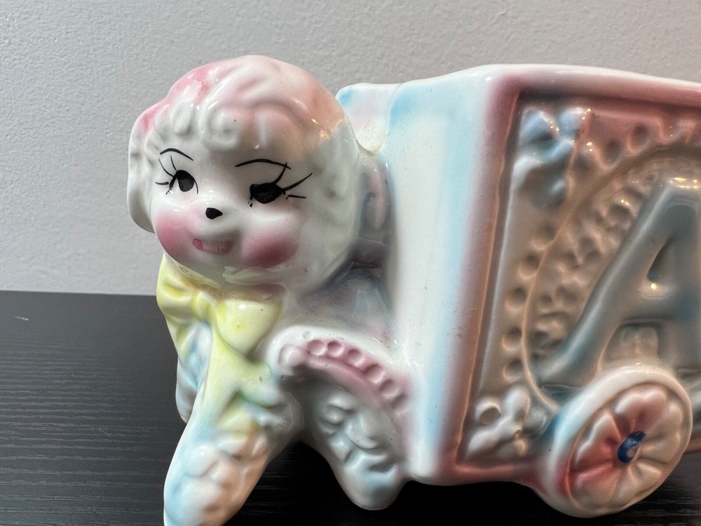 Vintage Ceramic Baby Pastel Lamb ABC Pulling Cart Planter