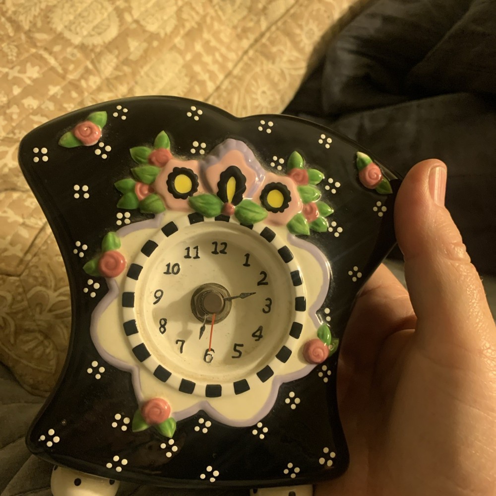 Mary Englebreit Clock.  Black. Floral.  Ceramic.  No Chips.