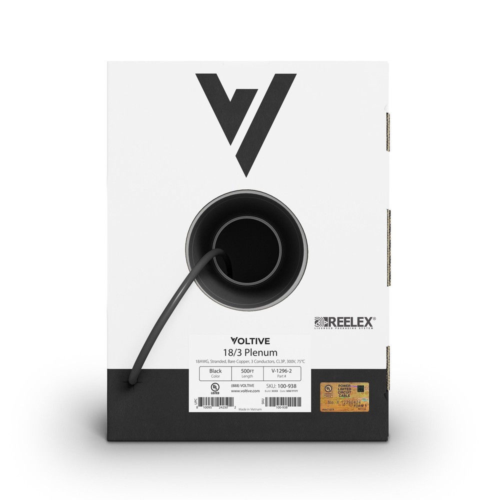 Voltive 18/3 Low Voltage Wire, Plenum CL3P, Black, 500ft