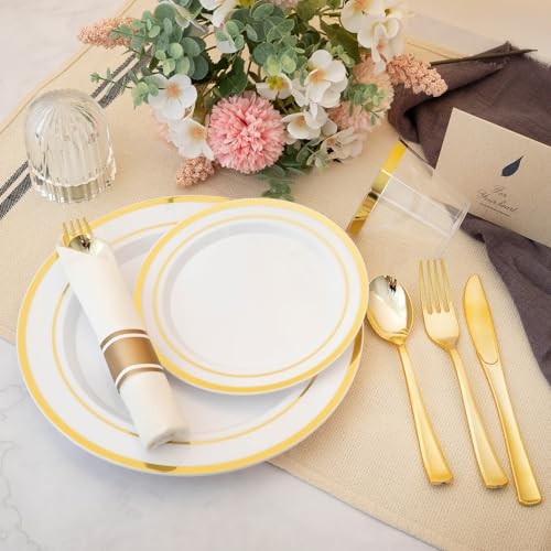 350PCS Plastic Dinnerware Set for 50 Guests, Include: 50 Dinner Plates, Gold