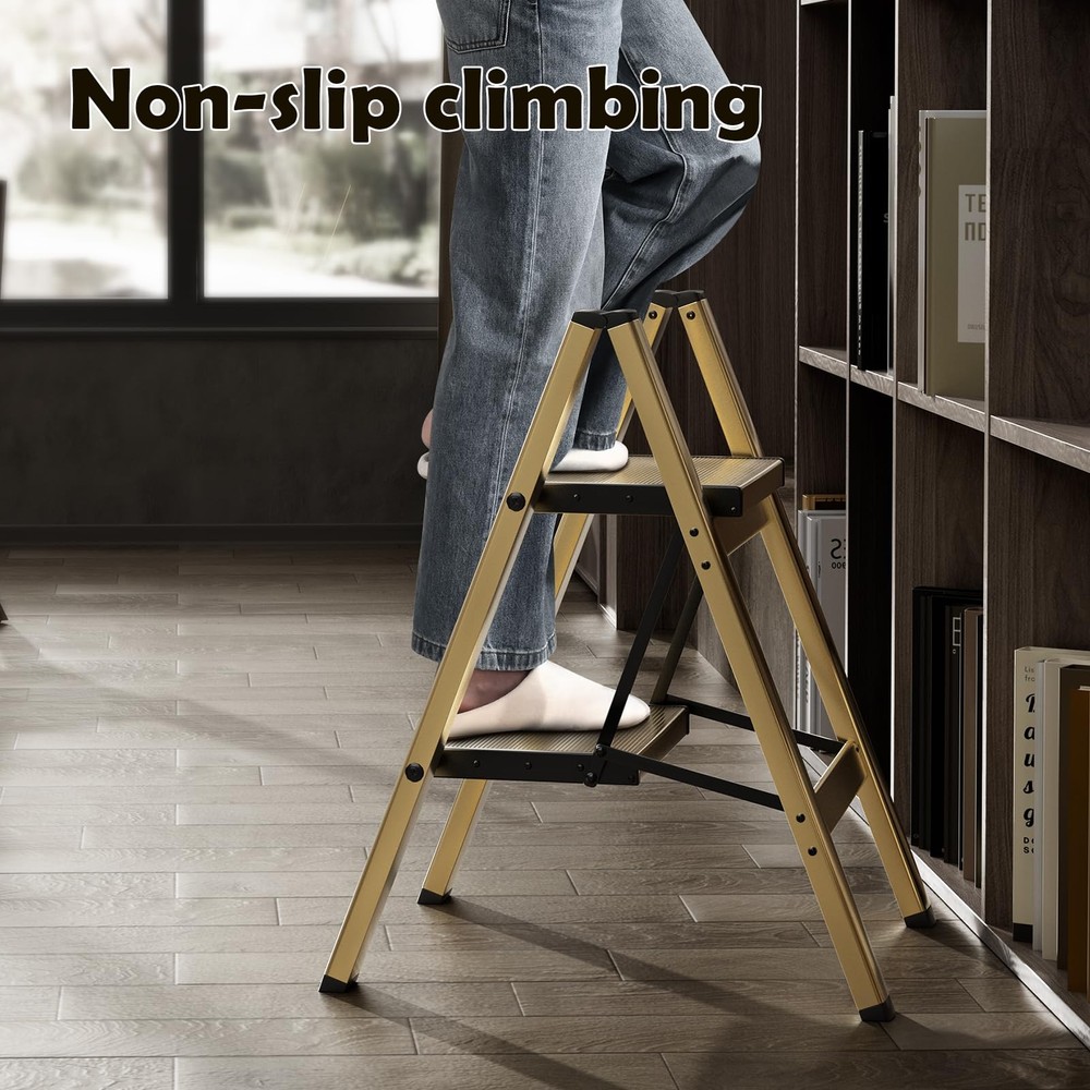 HillhutApex 2 Step Stool, Aluminum Foldable Ladder, 2 Step, Gold