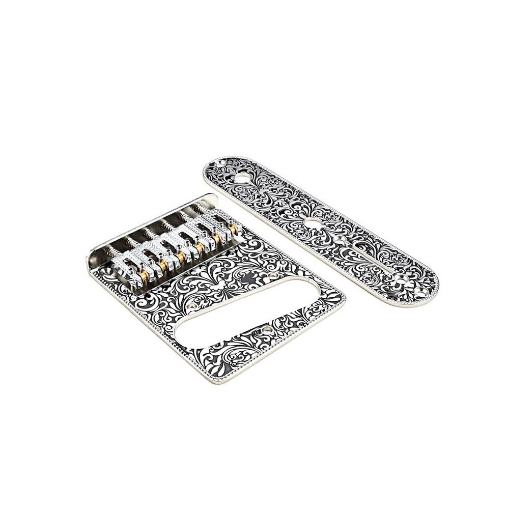Pattern Carved Chrome Roller Saddle Bridge Control Plate Sets for 6 String Tele