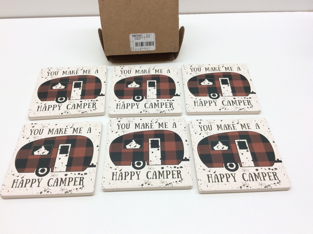 Ceramic Tile Coaster 4" Happy Camper Cork Backing Set of 6