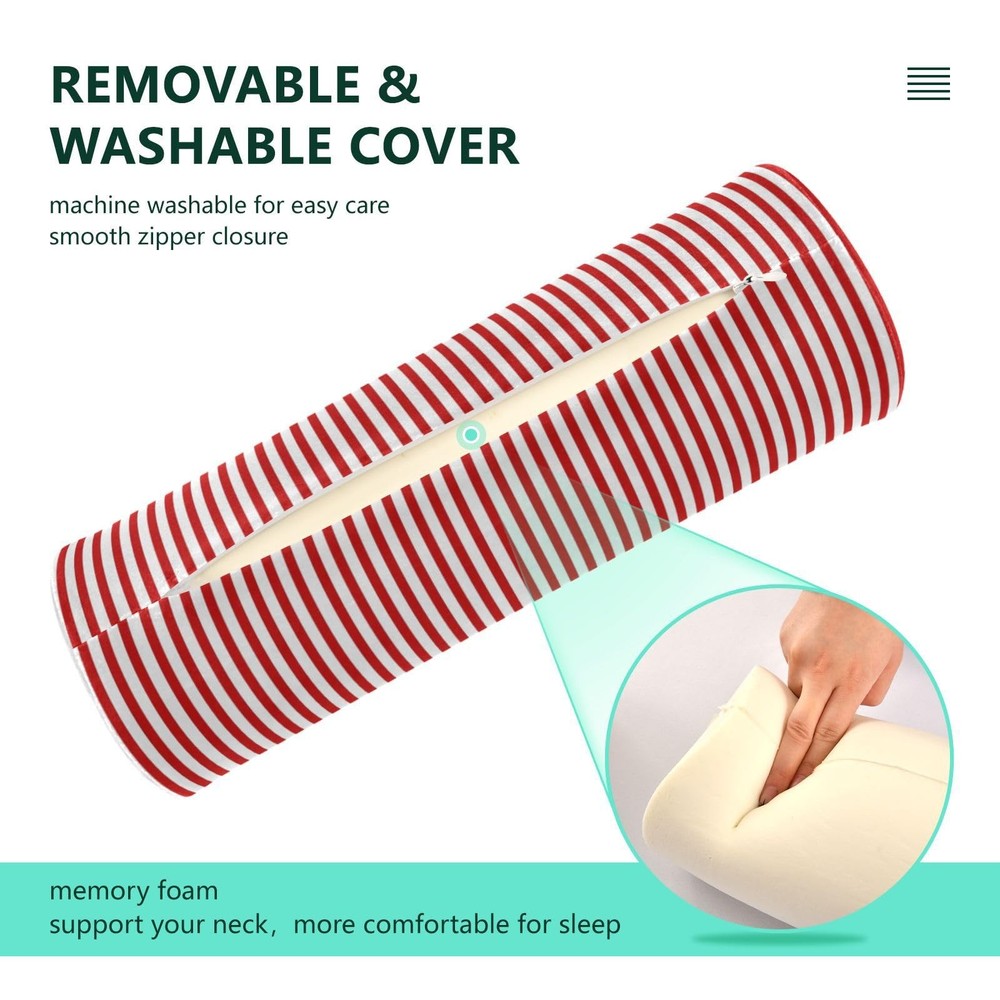 Red White Stripes Neck Roll Pillow - Extra Dense Memory Foam Round Cylinder B...