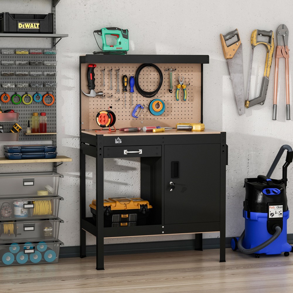 Garage Tool Storage Desk Work Bench Workshop Table with Drawer & Peg Board