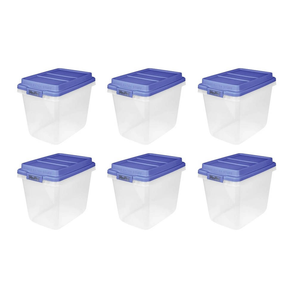 Hefty 6 Pack 32 Quart Hi-Rise Stackable Plastic Storage Bin with Lid, Clear/Blue