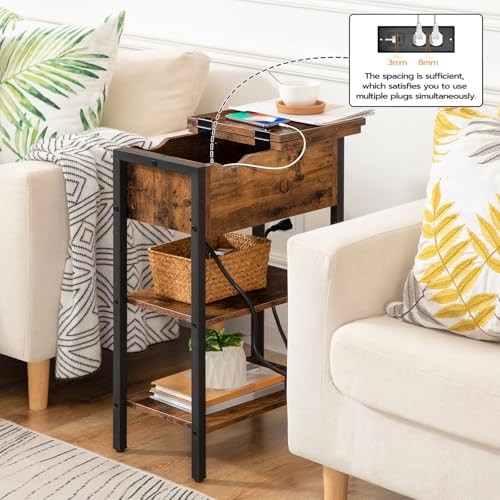 End Table with Charging Station, Narrow Side Table, 1 Rustic Brown + Black
