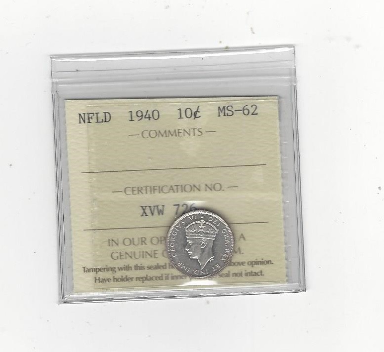 1940, ICCS Graded Newfoundland, ¢10 Ten Cent, **MS-62**