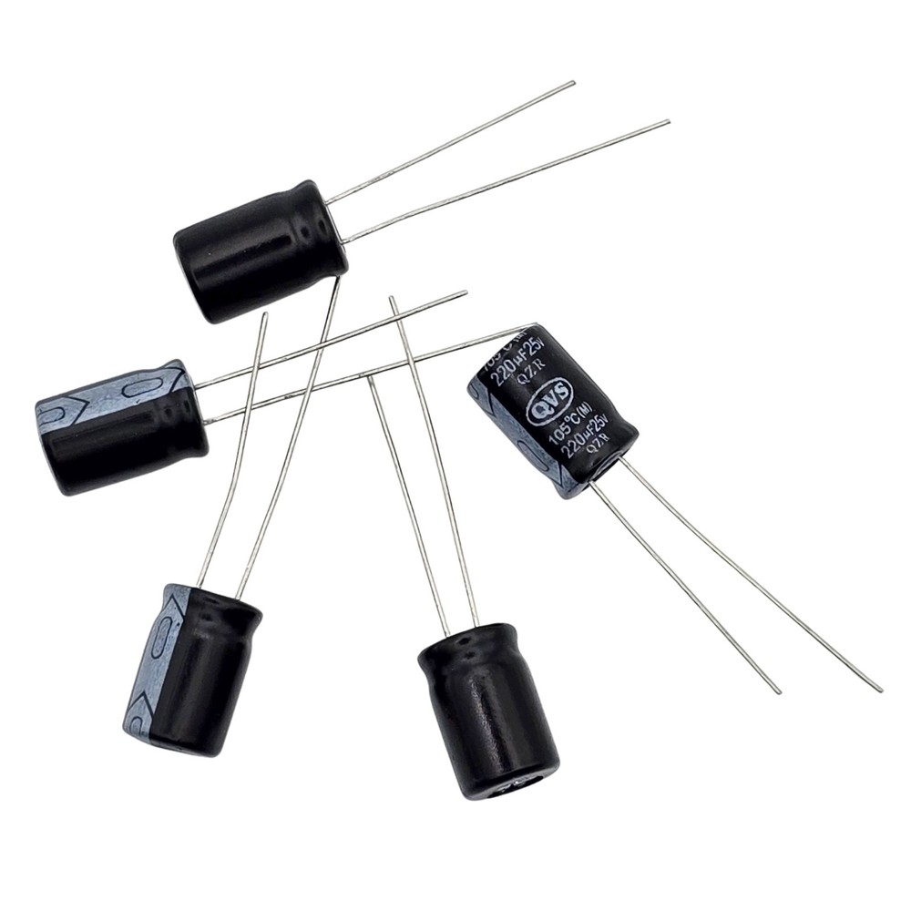 8pcs QVS 220uF 25V 105ºC Compact Radial Electrolytic Capacitors