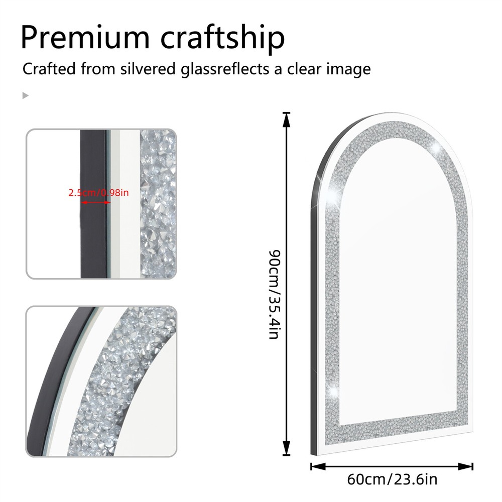 Crystal Decorative Mirror for Wall Arched Gorgeous Silver Crush Diamond Mirror