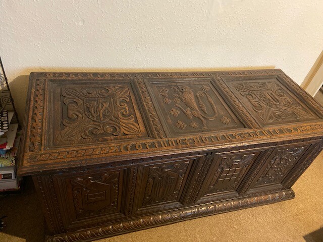 Antique carved oak large trunk chest dated 16 century