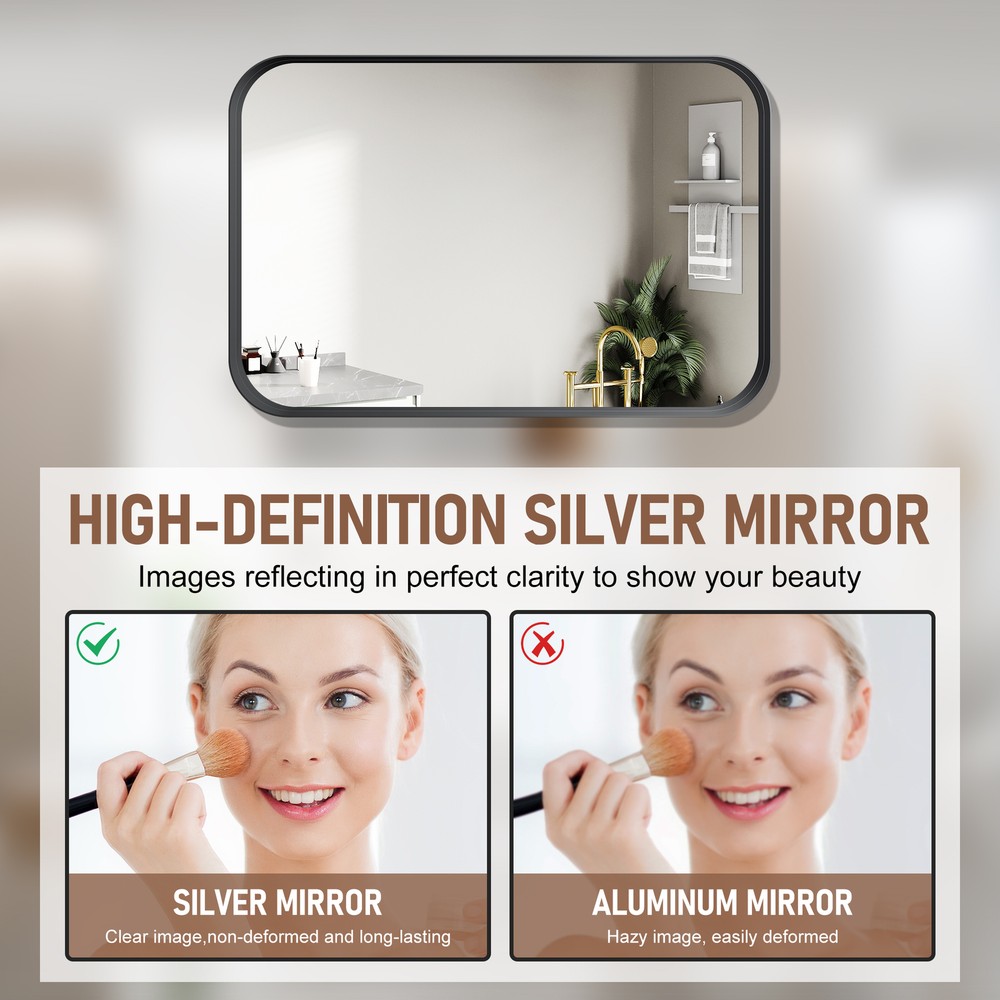 36" x 24" Bathroom Wall Mirror Rounded Corner Rectangle Vanity Mirror Black
